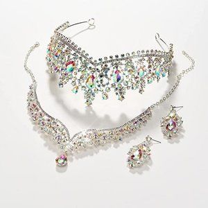 NEW Sparkling Bling Crystal Rhinestone Wedding Tiara Necklace Set: AB Si…